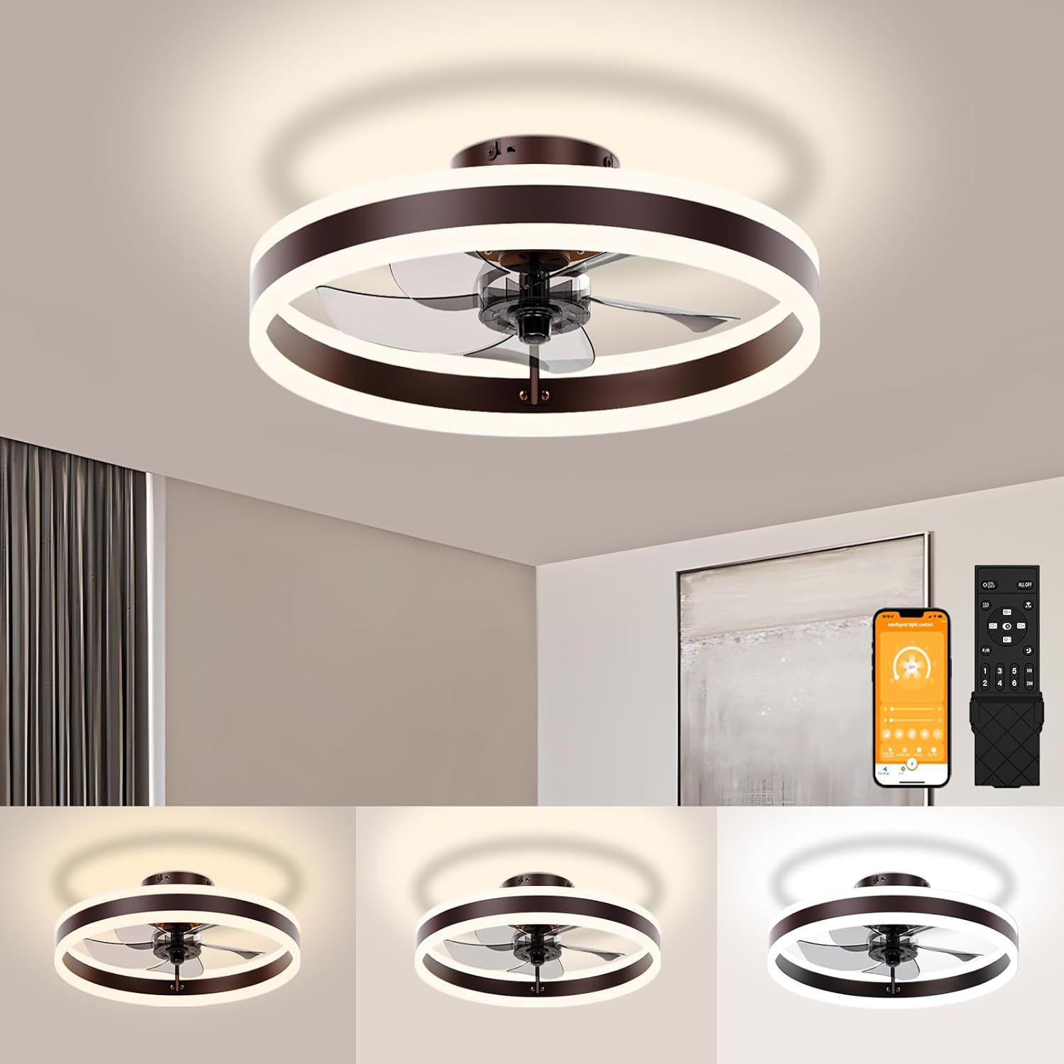 VOLISUN Low Profile Ceiling Fans with Lights and Remote, Flush Mount Ceiling Fans with Light, 3000K-6500K Dimmable Fandelier LED Fan Light, White Bladeless Ceiling Fans with Lights for Bedroom