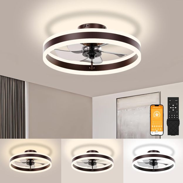 VOLISUN Low Profile Ceiling Fans with Lights and Remote, Flush Mount Ceiling Fans with Light, 3000K-6500K Dimmable Fandelier LED Fan Light, White Bladeless Ceiling Fans with Lights for Bedroom