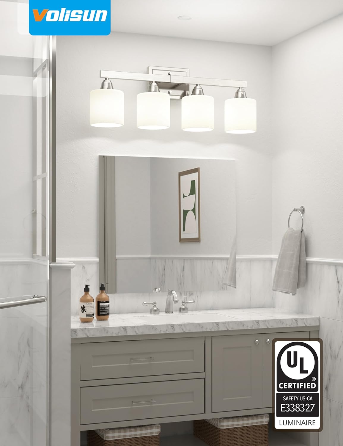 VOLISUN 4-Light Bathroom Light Fixtures, Brushed Nickel Bathroom Vanity Light Over Mirror, Modern Vanity Light for Bathroom with Milky White Frosted Glass Shades (Bulbs Excluded)