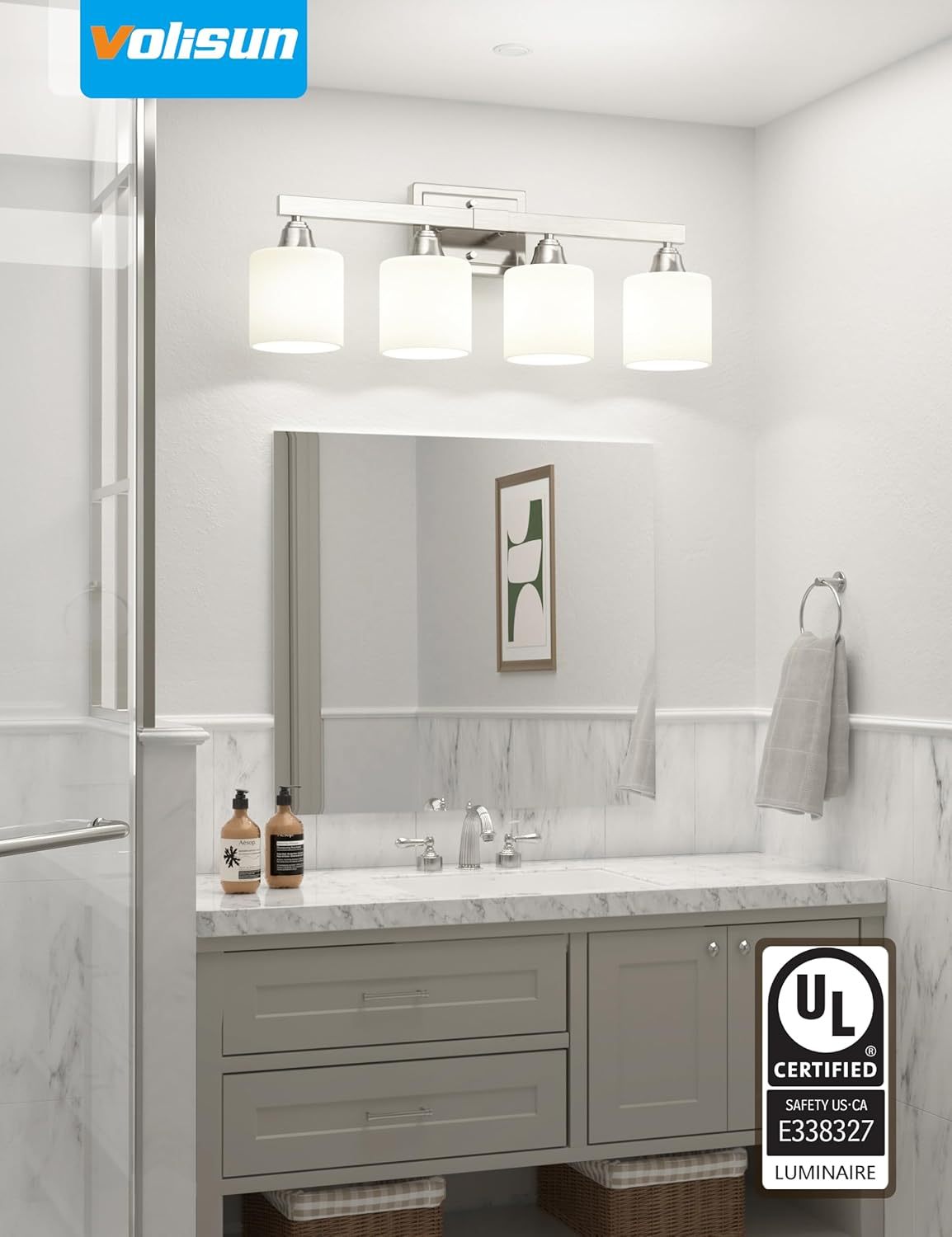 VOLISUN 4-Light Bathroom Light Fixtures, Brushed Nickel Bathroom Vanity Light Over Mirror, Modern Vanity Light for Bathroom with Milky White Frosted Glass Shades (Bulbs Excluded)