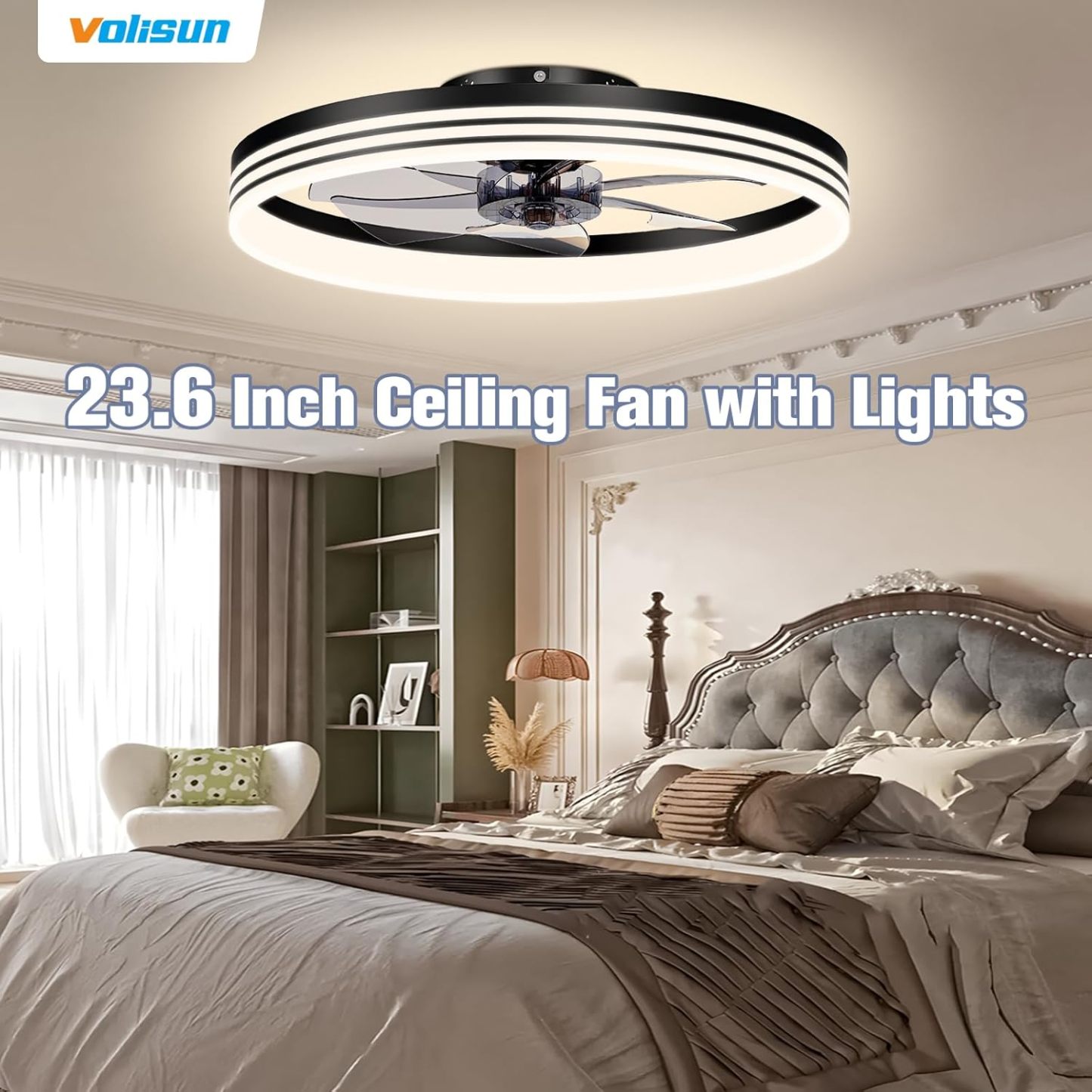 VOLISUN Low Profile Ceiling Fans with Lights and Remote, 19.7in Flush Mount Ceiling Fan with Light, 3000K-6500K Dimmable Fandelier LED Fan Light, Black Bladeless Ceiling Fans with Lights for Bedroom