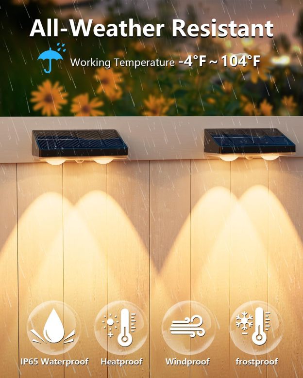 VOLISUN Solar Fence Lights,Solar Powered Fence Lights Outdoor with Warm White LED Spot Lens, IP65 Waterproof Fence Solar Lights Outdoor for Patio, Backyard, Railing, Deck