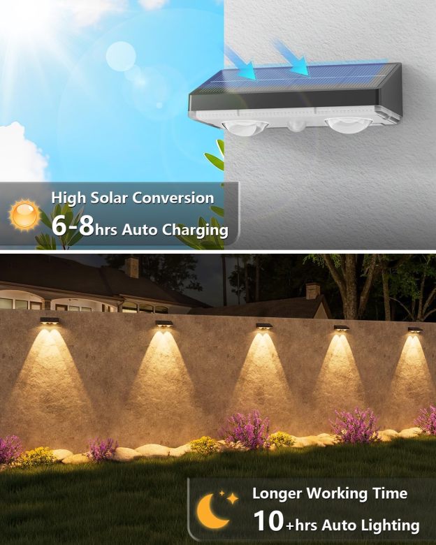 VOLISUN Solar Fence Lights,Solar Powered Fence Lights Outdoor with Warm White LED Spot Lens, IP65 Waterproof Fence Solar Lights Outdoor for Patio, Backyard, Railing, Deck