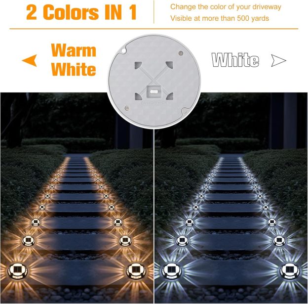 VOLISUN Solar Driveway Deck Dock Marine Lights,Ground Lights 2 Colors in 1 LED, Waterproof Driveway Marker for Pathway Warning Step (White/Warm White)