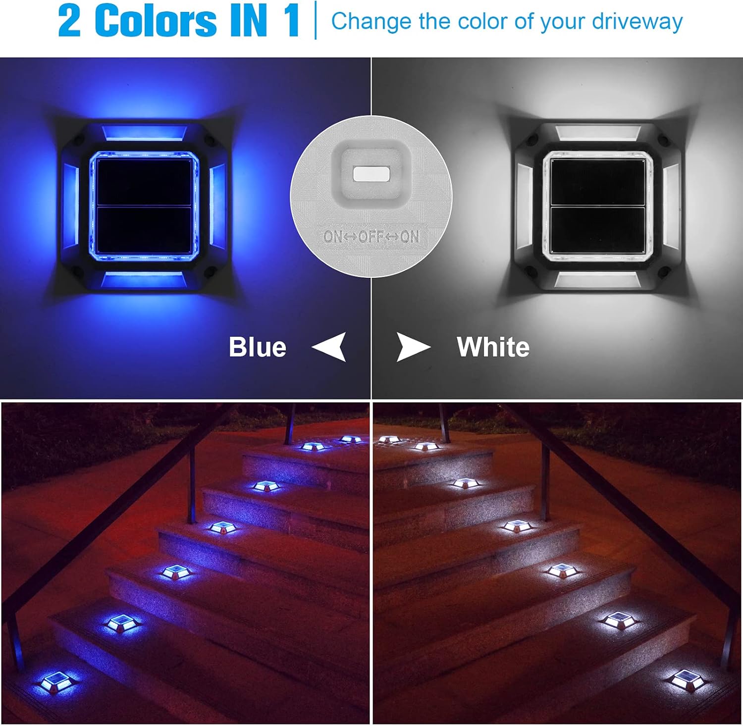 VOLISUN Solar Driveway Lights Dock Deck Lights 8-Pack,2 Colors in 1,Solar Powered 1200mAh Battery,Waterproof Outdoor Warning Step Light for Driveway Sidewalk(2 Colors Lighting,White/Blue)