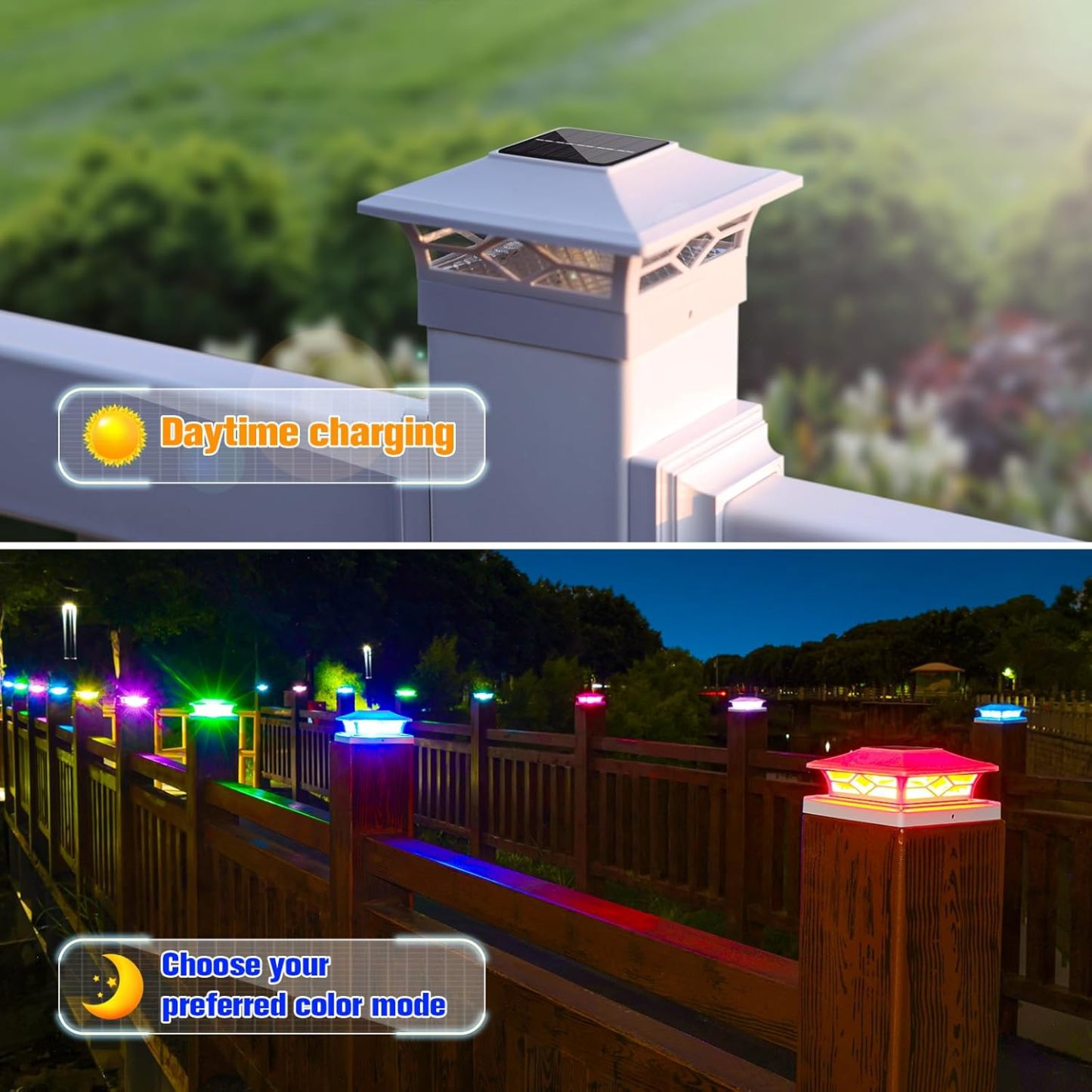 VOLISUN Solar Post Cap Light Outdoor Waterproof: RGB Color Changing - Solar Fence Cap Flashing Lights for 4x4 5x5 6x6 Wooden Vinyl Post