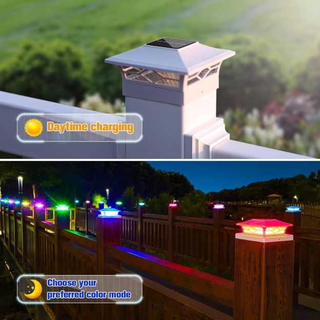 VOLISUN Solar Post Cap Light Outdoor Waterproof: RGB Color Changing - Solar Fence Cap Flashing Lights for 4x4 5x5 6x6 Wooden Vinyl Post