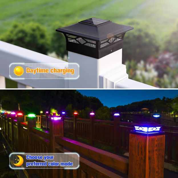 VOLISUN Solar Post Cap Light Outdoor Waterproof: RGB Color Changing - Solar Fence Cap Flashing Lights for 4x4 5x5 6x6 Wooden Vinyl Post