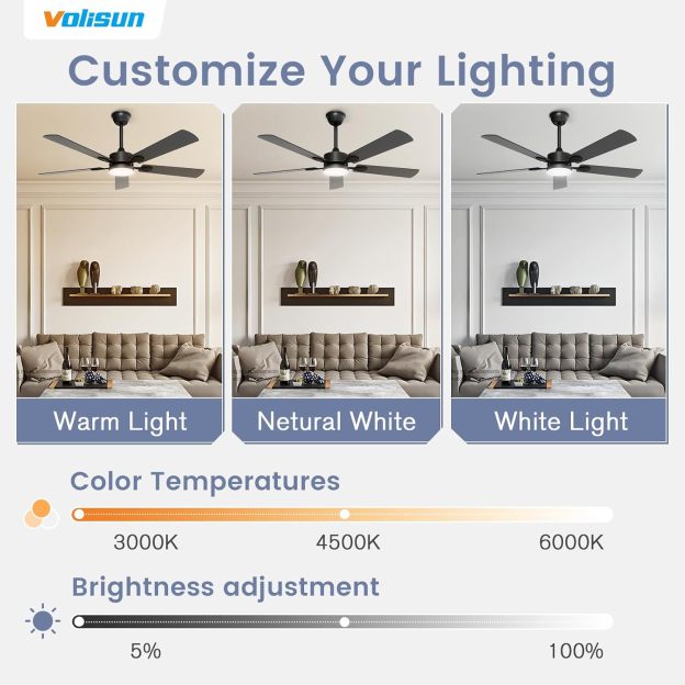 VOLISUN Ceiling Fan with Lights, Low Profile Ceiling Fan with Light and Remote, Reversible, 3CCT, Dimmable, Noiseless, White Flush Mount Ceilings Fans for Bedroom, Indoor/Outdoor