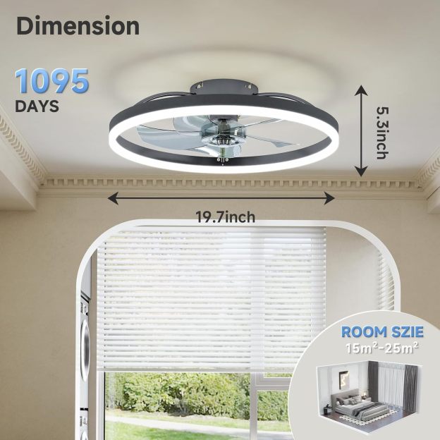 VOLISUN Low Profile Ceiling Fans with Light and Remote,Modern Bladeless Ceiling Fan with Lights,3000K-6500K Dimmable Flush Mount LED Fan Light,White Fandelier Ceiling Fans for Bedroom