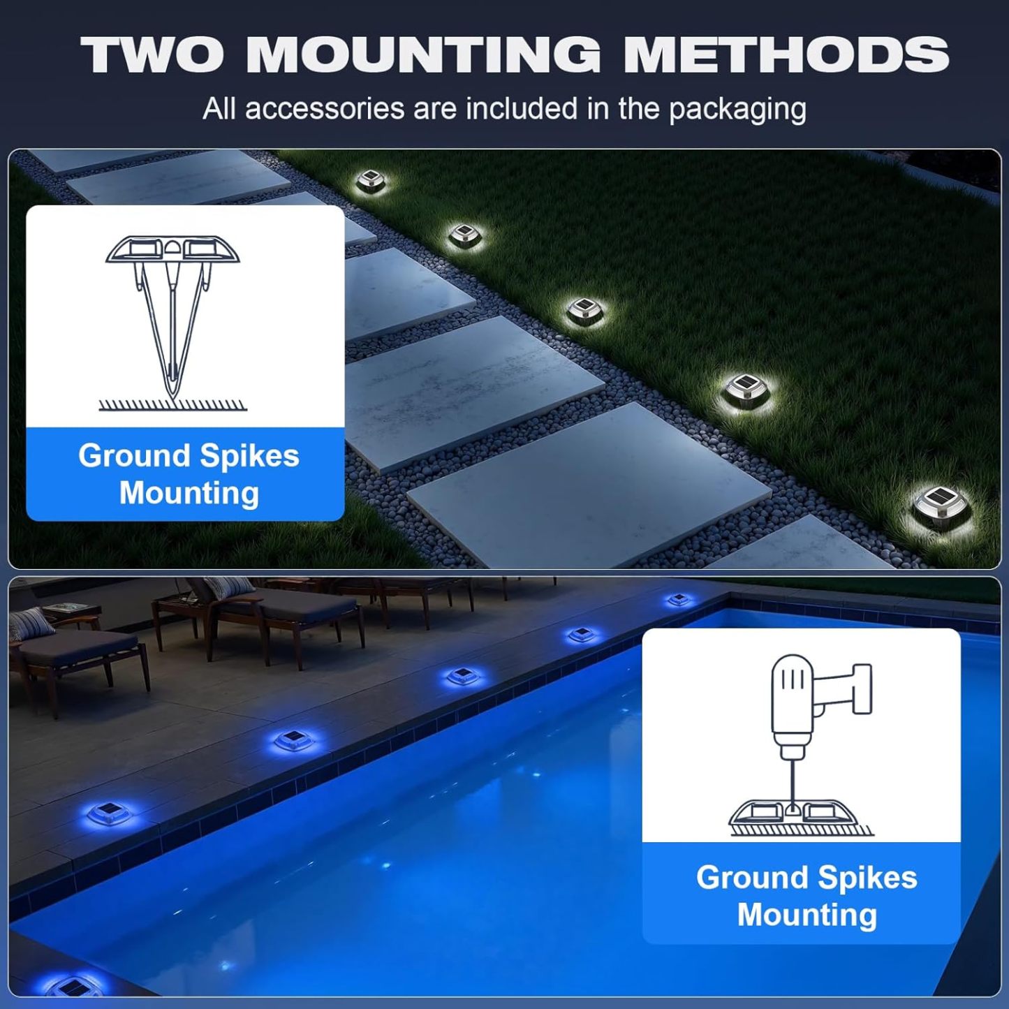 VOLISUN Solar Driveway Lights Waterproof Dock & Deck Marker Lights,2-in-1 Blue & White LED,IP67 Wireless Outdoor Solar Light for Driveways,Sidewalks,Pathways,and Yards