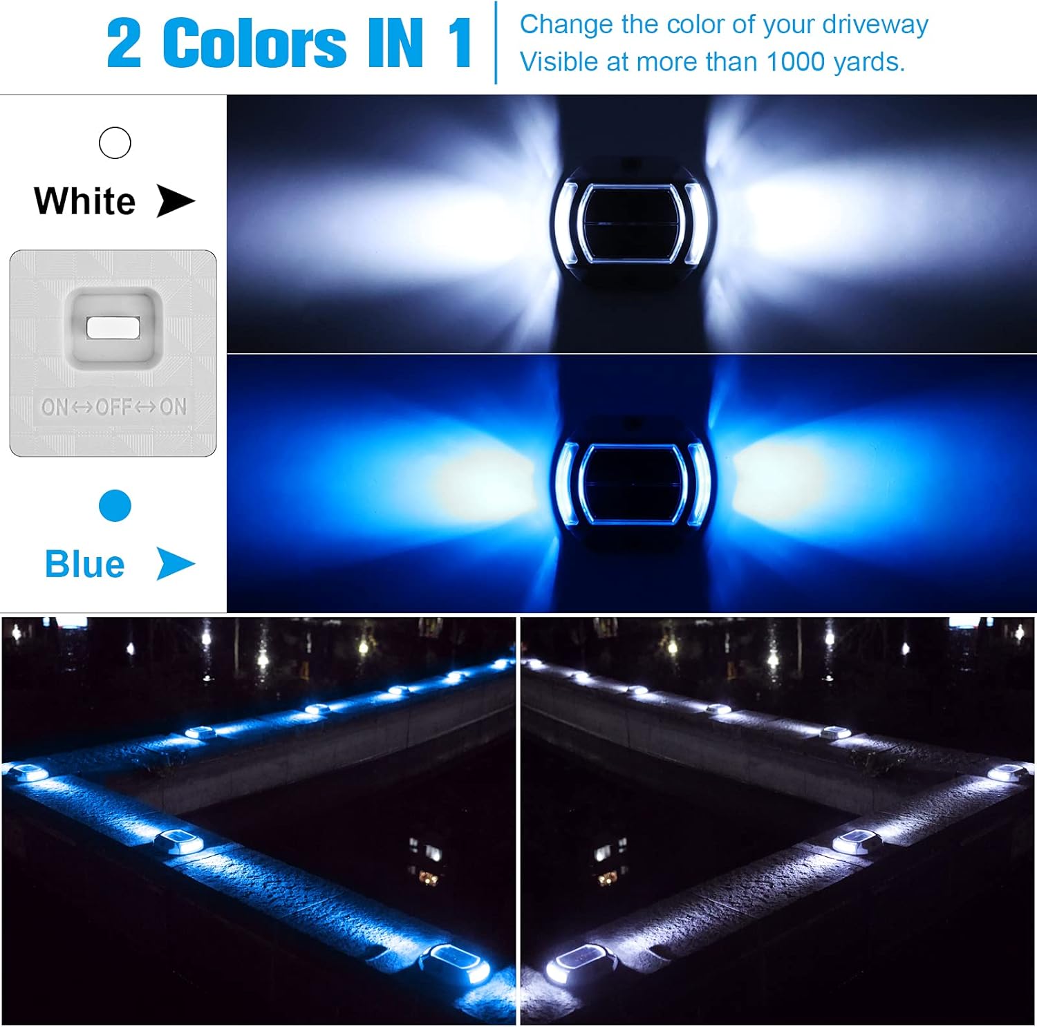 VOLISUN Solar Driveway Lights Dock Deck Lights,2 Colors in 1, LED Solar Powered Waterproof Outdoor Warning Step Light for Driveway Sidewalk Pathway (2 Colors Lighting,White/Blue)