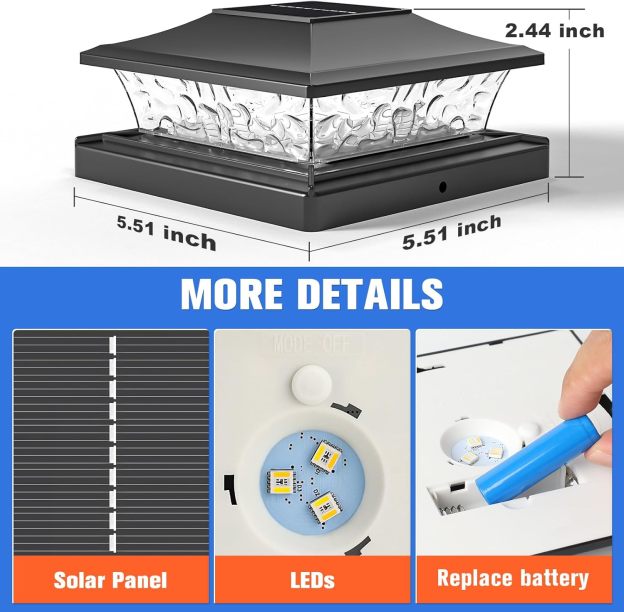 VOLISUN Solar Post Cap Light : RGB Color Changing - Fence Post Lights Solar Outdoor Waterproof for 4x4 x5 x6 WoodenVinyl Post