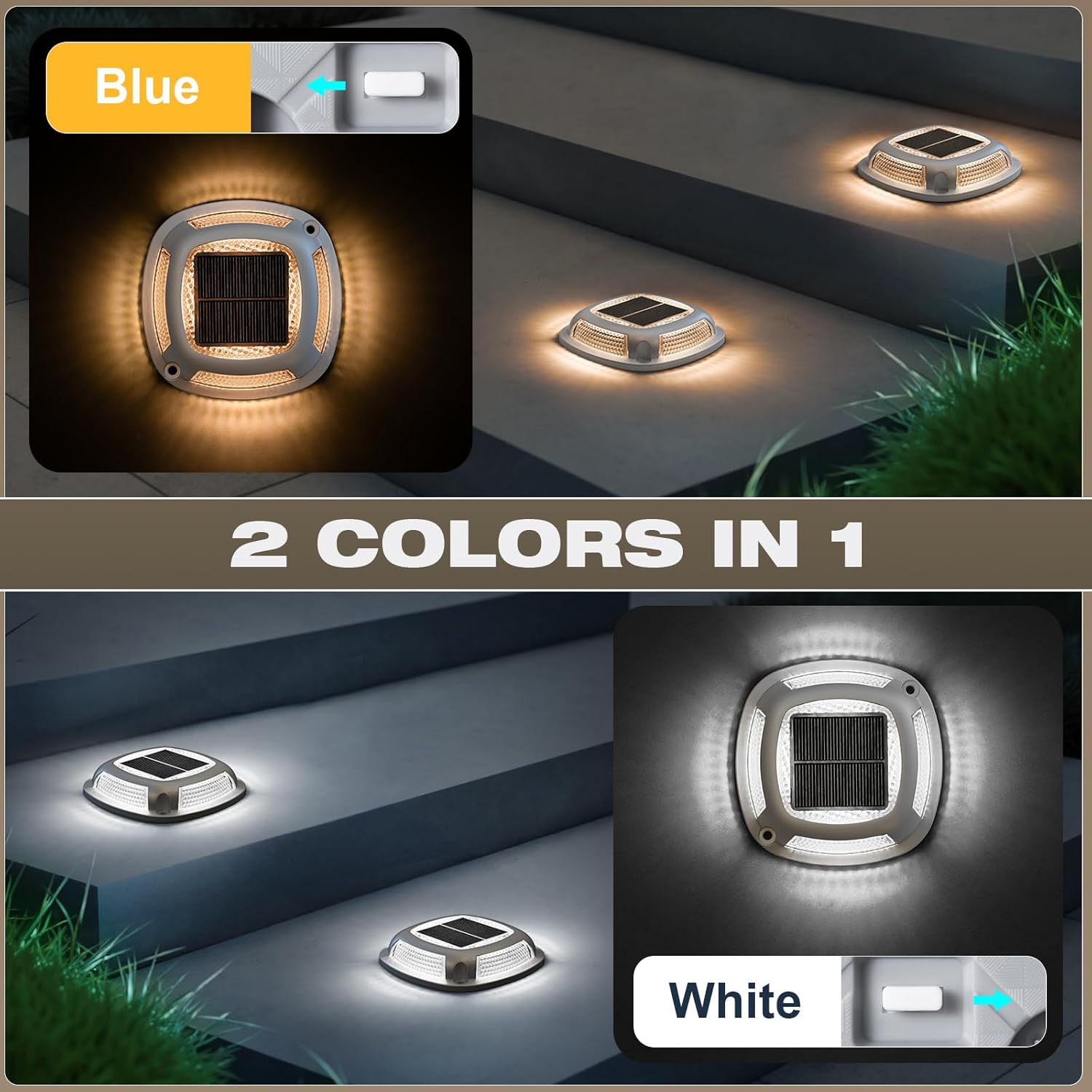 VOLISUN Solar Driveway Lights Waterproof Dock & Deck Marker Lights,2-in-1 Blue & White LED,IP67 Wireless Outdoor Solar Light for Driveways,Sidewalks,Pathways,and Yards