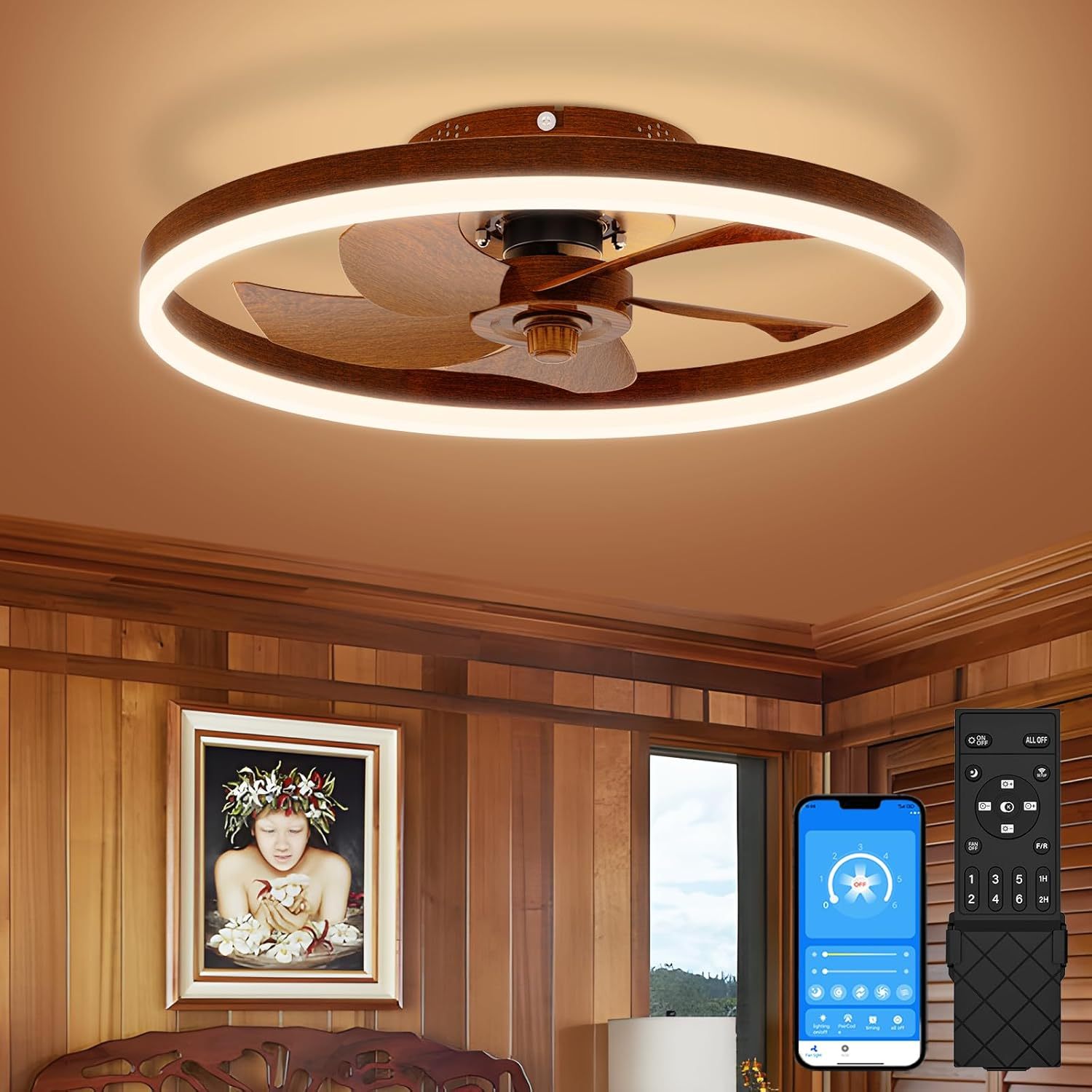 VOLISUN Low Profile Ceiling Fans with Light and Remote,Modern Bladeless Ceiling Fan with Lights,3000K-6500K Dimmable Flush Mount LED Fan Light,White Fandelier Ceiling Fans for Bedroom