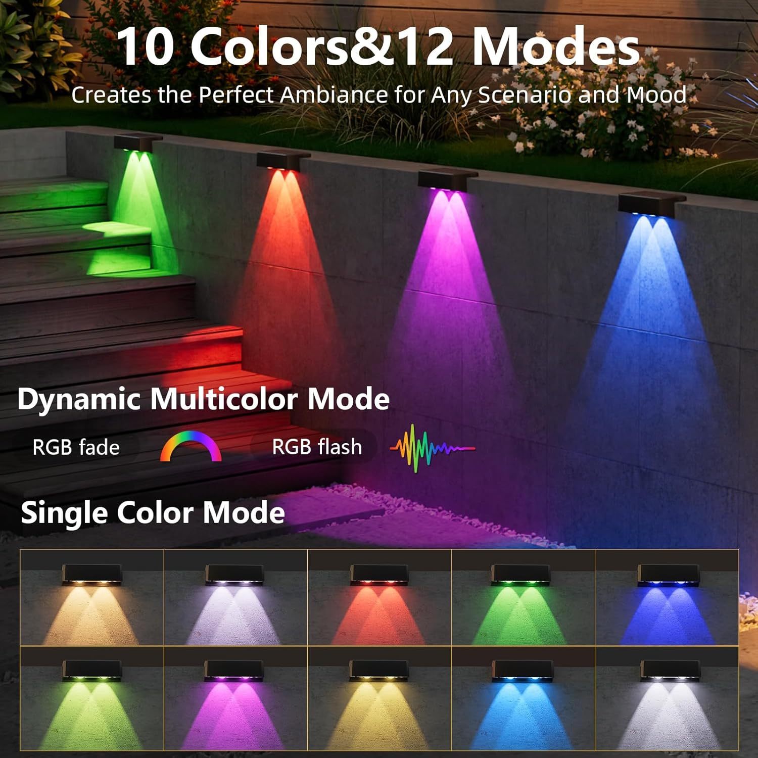 VOLISUN Solar Deck Lights, Warm White, Cool White and RGB Color Glow LED Large Size Lamp, IP65 Waterproof Solar Fence Lights Outdoor for Step, Patio, Fence, Railing, Wall, Stairs