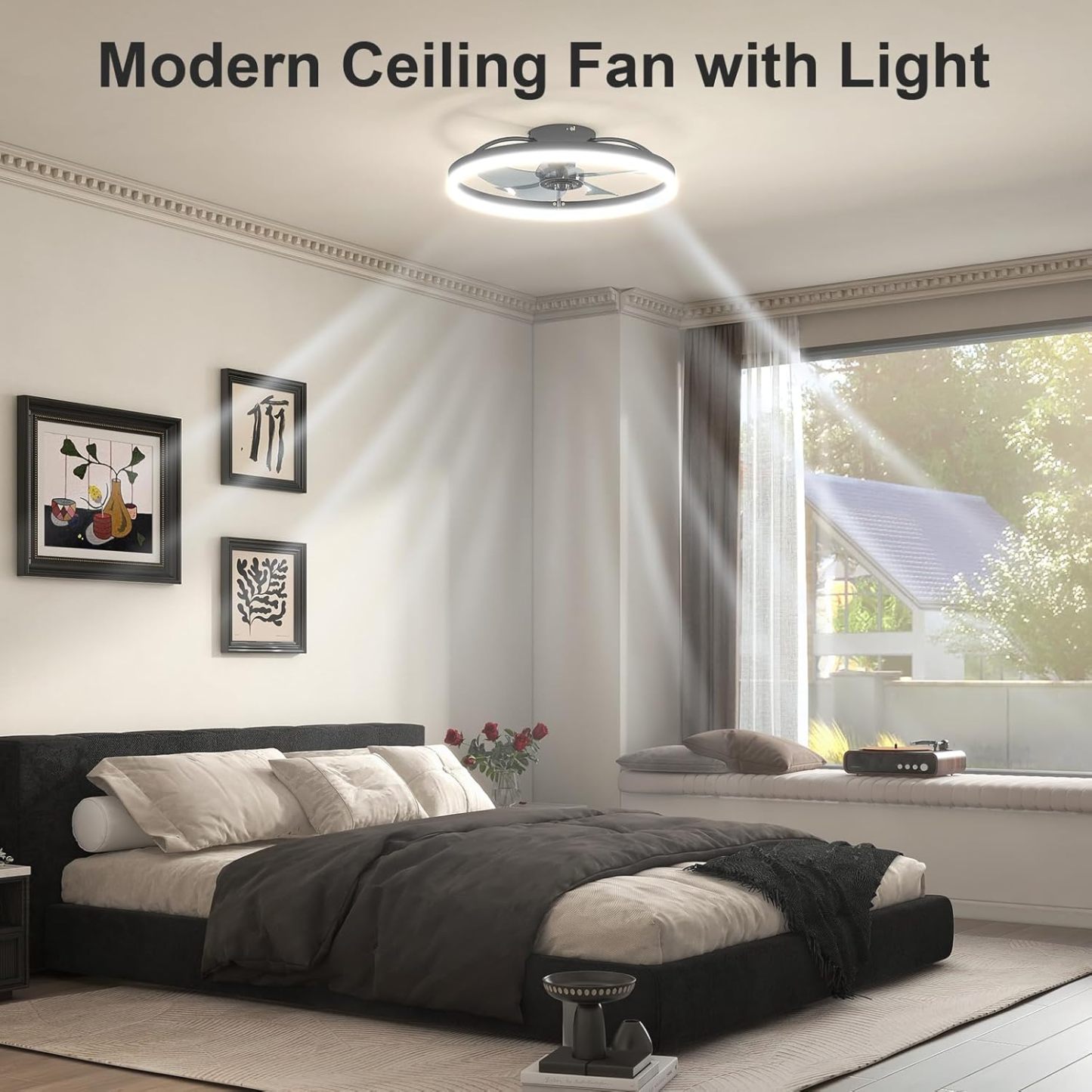 VOLISUN Low Profile Ceiling Fans with Light and Remote,Modern Bladeless Ceiling Fan with Lights,3000K-6500K Dimmable Flush Mount LED Fan Light,White Fandelier Ceiling Fans for Bedroom