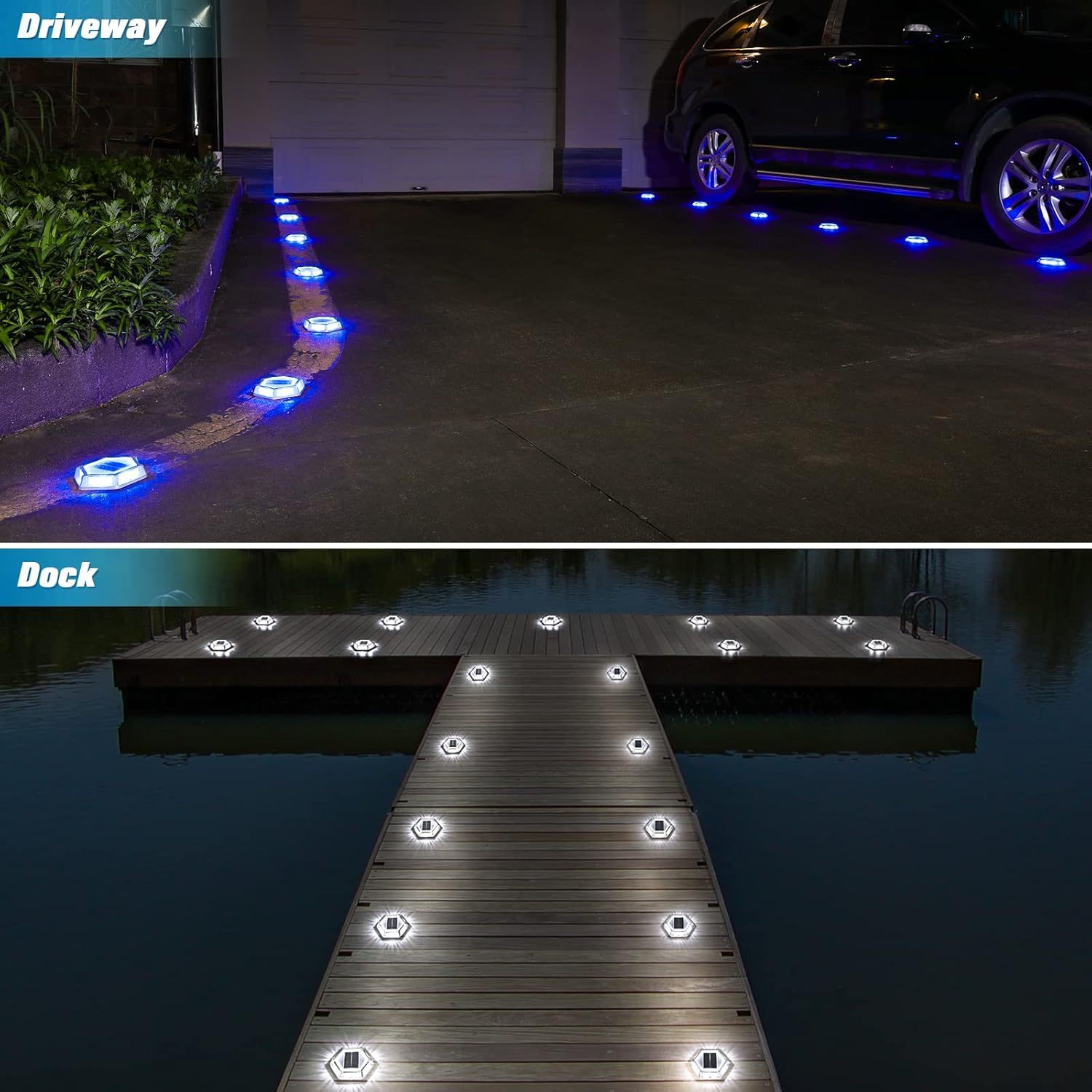 VOLISUN Solar Driveway Lights Dock Outdooor Waterproof Marker Lights,Solar Deck Lights 2 Colors in 1 Led Wireless IP67,Solar Blue Deck Lights for Driveway Sidewalk Pathway Yard(White/Blue)