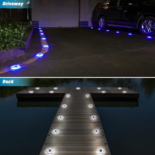 VOLISUN Solar Driveway Lights Dock Outdooor Waterproof Marker Lights,Solar Deck Lights 2 Colors in 1 Led Wireless IP67,Solar Blue Deck Lights for Driveway Sidewalk Pathway Yard(White/Blue)