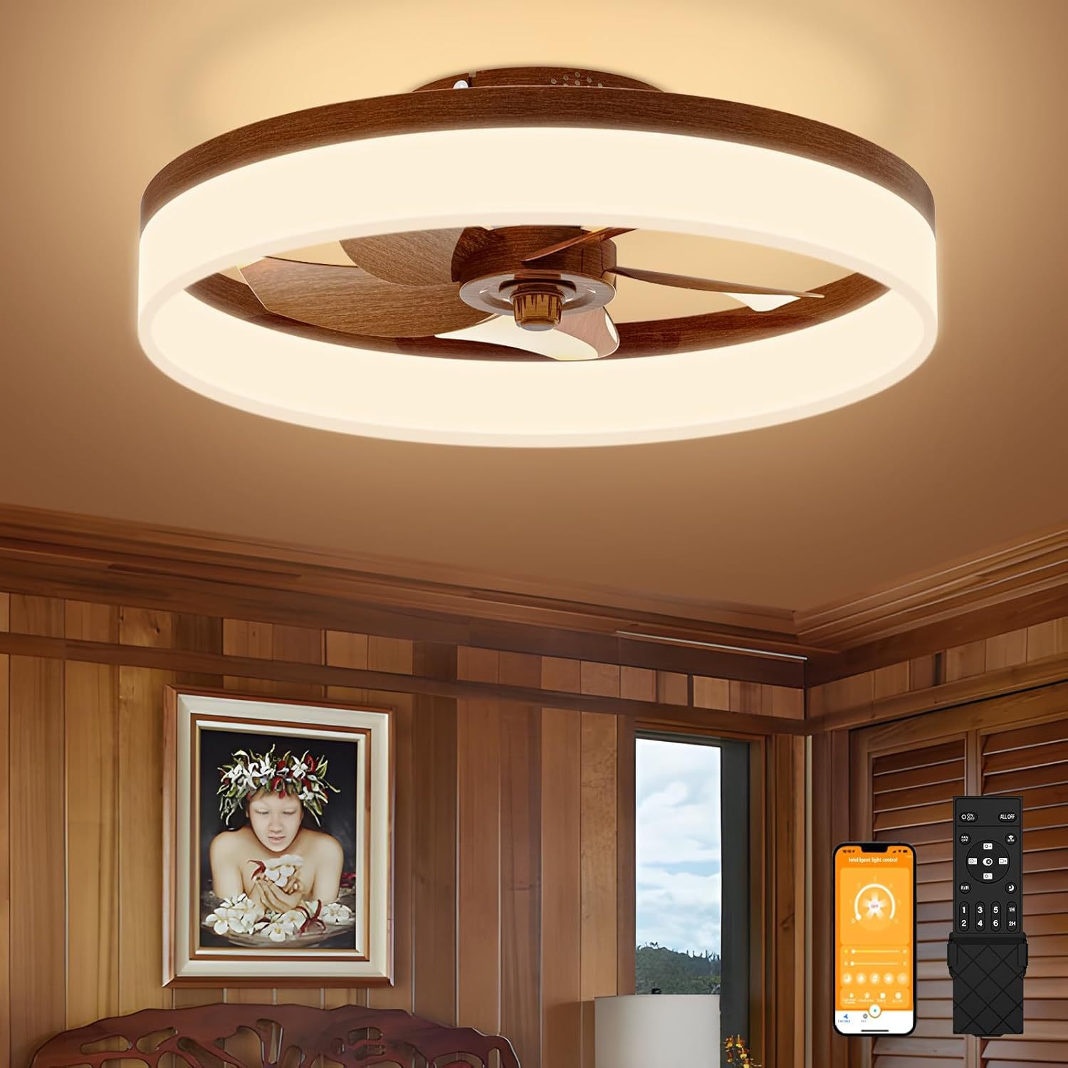 VOLISUN Low Profile Ceiling Fans with Lights and Remote, Fandelier Ceiling Fan Flush Mount, 3000K-6500K Smart Bladeless LED Fan Light, Modern Ceiling Fans with Lights for Bedroom