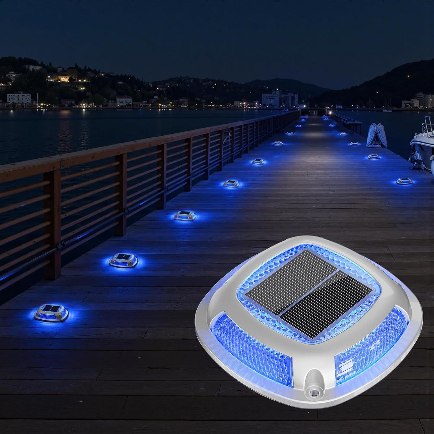 VOLISUN Solar Driveway Lights Waterproof Dock & Deck Marker Lights,2-in-1 Blue & White LED,IP67 Wireless Outdoor Solar Light for Driveways,Sidewalks,Pathways,and Yards