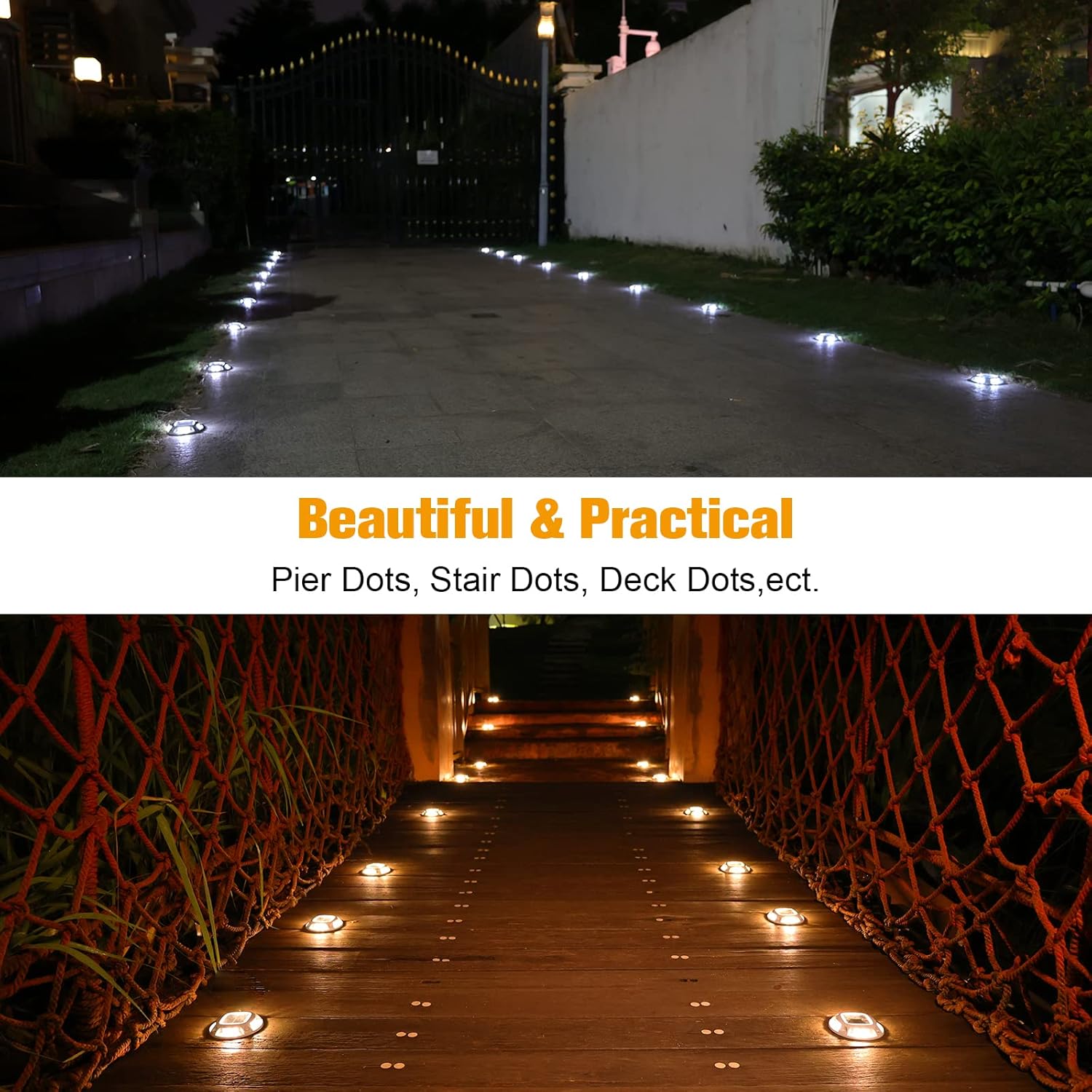 VOLISUN Solar Driveway Dock Marine Lights 8-Pack,2 Colors in 1,Outdoor LED Deck Lights,Solar Powered Waterproof Driveway Marker Light for Warning Step Sidewalk Pathway (White/Blue)