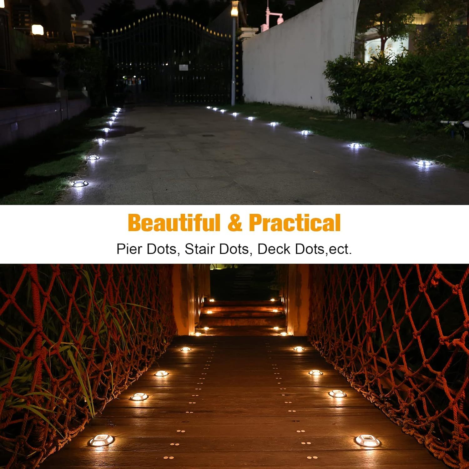 VOLISUN Solar Driveway Dock Marine Lights 8-Pack,2 Colors in 1,Outdoor LED Deck Lights,Solar Powered Waterproof Driveway Marker Light for Warning Step Sidewalk Pathway (White/Blue)