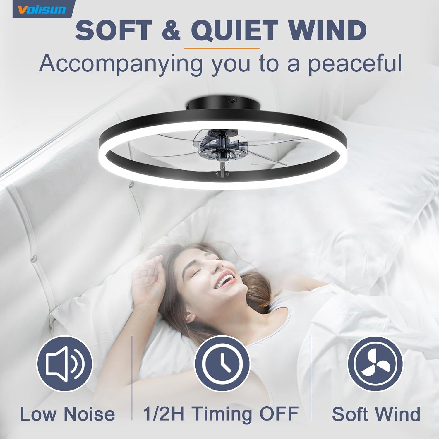 VOLISUN Low Profile Ceiling Fans with Light and Remote,Modern Bladeless Ceiling Fan with Lights,3000K-6500K Dimmable Flush Mount LED Fan Light,White Fandelier Ceiling Fans for Bedroom