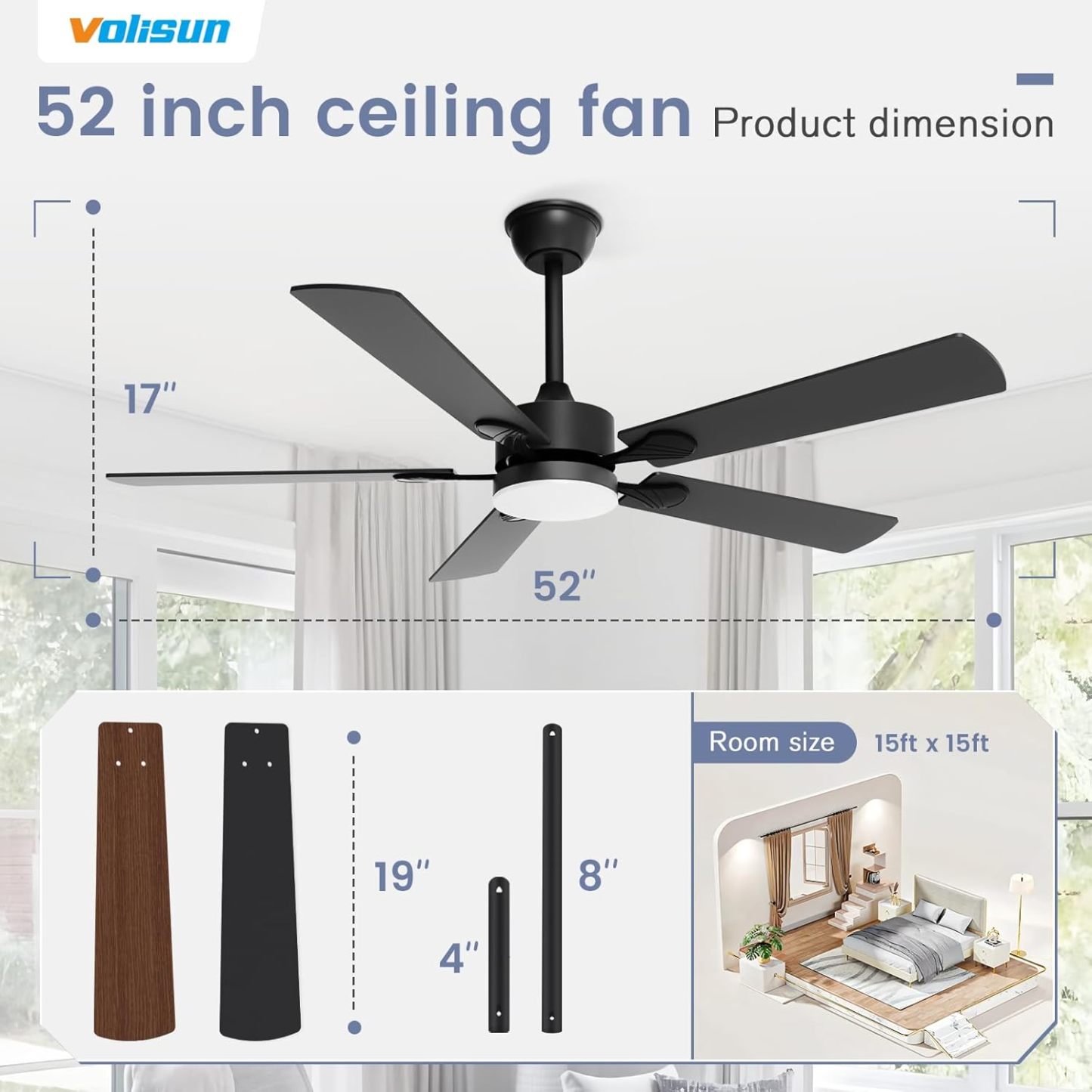 VOLISUN Ceiling Fan with Lights, Low Profile Ceiling Fan with Light and Remote, Reversible, 3CCT, Dimmable, Noiseless, White Flush Mount Ceilings Fans for Bedroom, Indoor/Outdoor