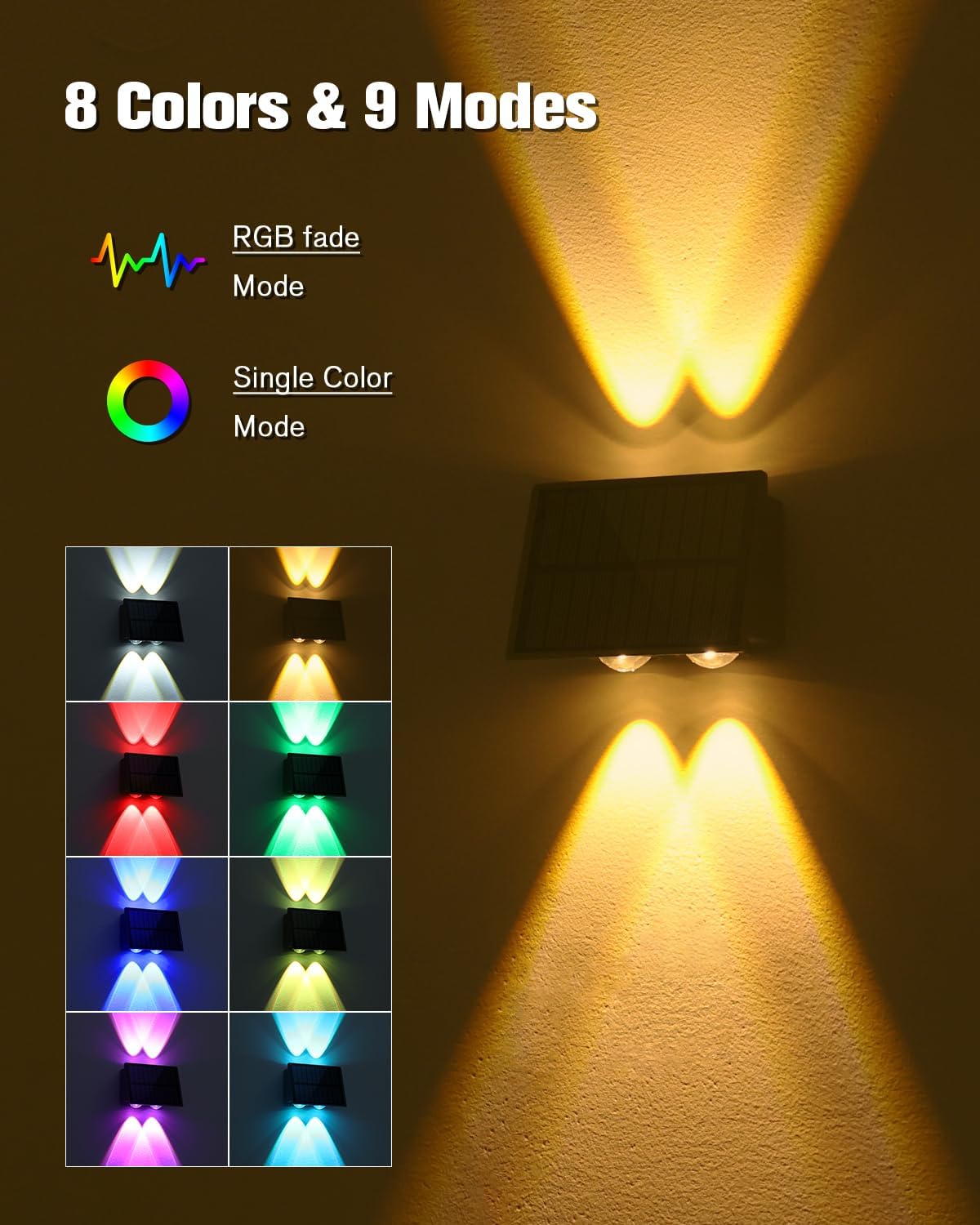 VOLISUN Solar Fence Lights, Color Glow LED Up and Down Wall Lights, IP65 Waterproof Solar Lights Outdoor for Patio, Backyard, Railing, Deck, Fence and Wall 