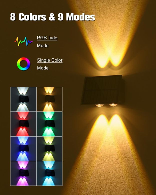 VOLISUN Solar Fence Lights, Color Glow LED Up and Down Wall Lights, IP65 Waterproof Solar Lights Outdoor for Patio, Backyard, Railing, Deck, Fence and Wall 