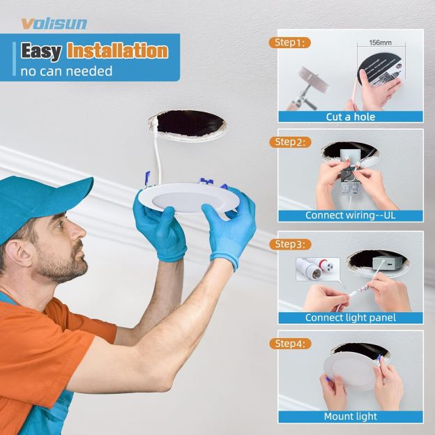 VOLISUN Recessed Lighting, 5CCT LED Recessed Light with Junction Box, 2700K-5000K Selectable, 9.5W Eqv 80W, 810LM Dimmable Canless Wafer Downlight, LED Ceiling Light ETL Certificated