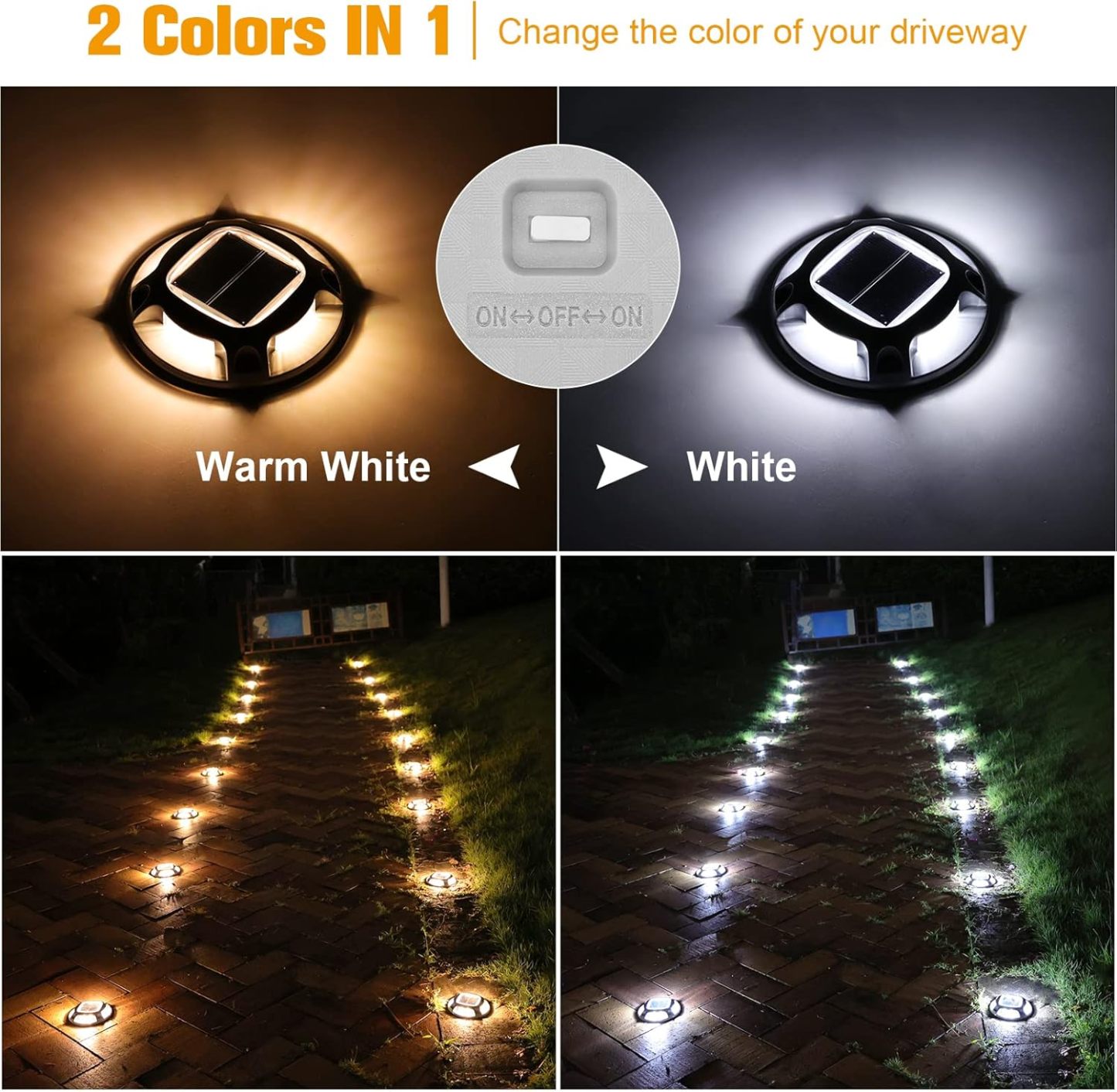 VOLISUN Solar Driveway Dock Marine Lights 8-Pack,2 Colors in 1,Outdoor LED Deck Lights,Solar Powered Waterproof Driveway Marker Light for Warning Step Sidewalk Pathway (White/Blue)
