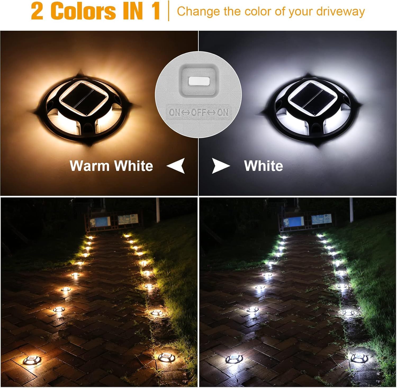 VOLISUN Solar Driveway Dock Marine Lights 8-Pack,2 Colors in 1,Outdoor LED Deck Lights,Solar Powered Waterproof Driveway Marker Light for Warning Step Sidewalk Pathway (White/Blue)