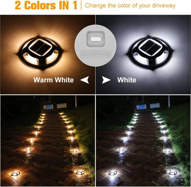 VOLISUN Solar Driveway Dock Marine Lights 8-Pack,2 Colors in 1,Outdoor LED Deck Lights,Solar Powered Waterproof Driveway Marker Light for Warning Step Sidewalk Pathway (White/Blue)