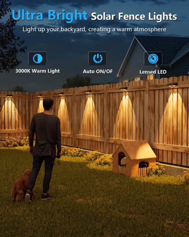 VOLISUN Solar Fence Lights,Solar Powered Fence Lights Outdoor with Warm White LED Spot Lens, IP65 Waterproof Fence Solar Lights Outdoor for Patio, Backyard, Railing, Deck