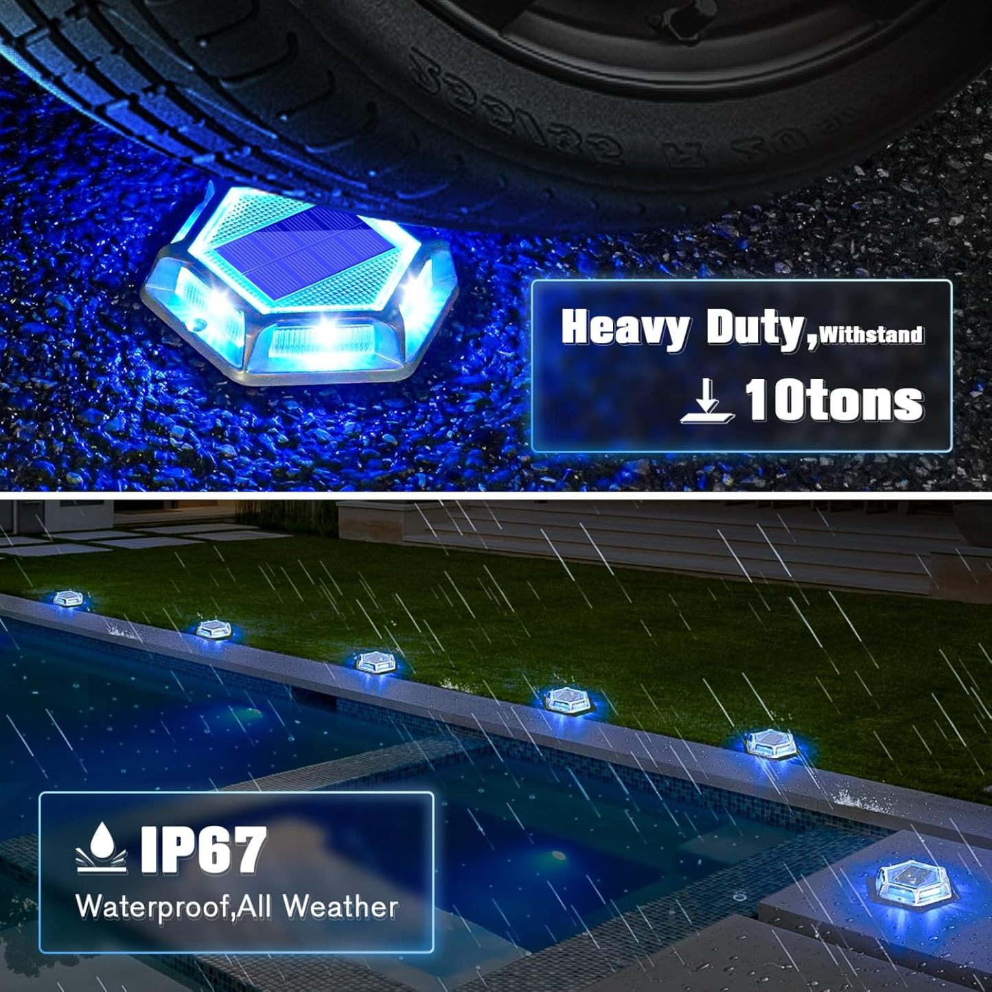 VOLISUN Solar Driveway Lights Dock Outdooor Waterproof Marker Lights,Solar Deck Lights 2 Colors in 1 Led Wireless IP67,Solar Blue Deck Lights for Driveway Sidewalk Pathway Yard(White/Blue)