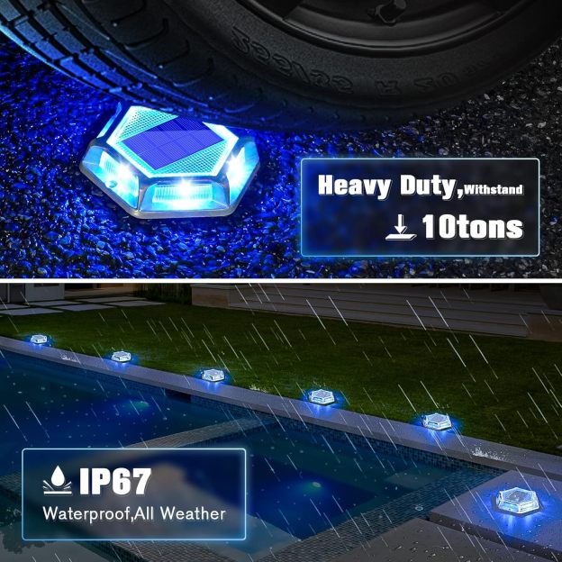 VOLISUN Solar Driveway Lights Dock Outdooor Waterproof Marker Lights,Solar Deck Lights 2 Colors in 1 Led Wireless IP67,Solar Blue Deck Lights for Driveway Sidewalk Pathway Yard(White/Blue)