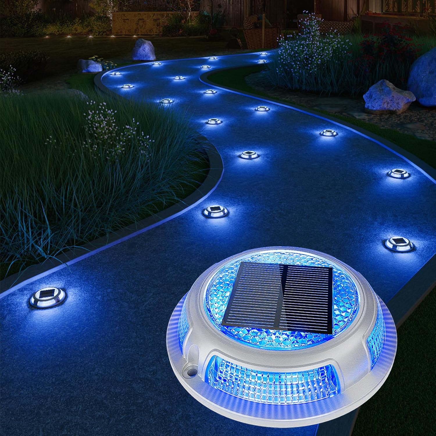 VOLISUN Solar Driveway & Deck Lights 8 Pack Waterproof Dock & Marine Ground Lights,2-in-1 Blue & White LED,Solar Marker for Pathways,Steps,and Warning Signs