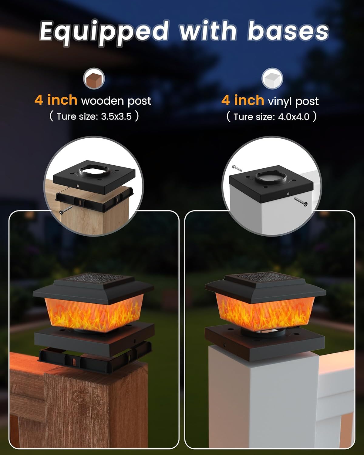 VOLISUN Solar Fence Post Cap Lights 8pack, Solar Deck Cap Flame Light Outdoor Waterproof, High Brightness Flickering Flame SMD LED Lighting, for 4x4 Wooden/4x4 5x5 Vinyl Post
