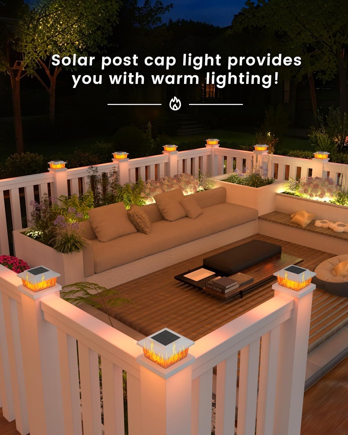 VOLISUN Solar Fence Post Cap Lights 8pack, Solar Deck Cap Flame Light Outdoor Waterproof, High Brightness Flickering Flame SMD LED Lighting, for 4x4 Wooden/4x4 5x5 Vinyl Post