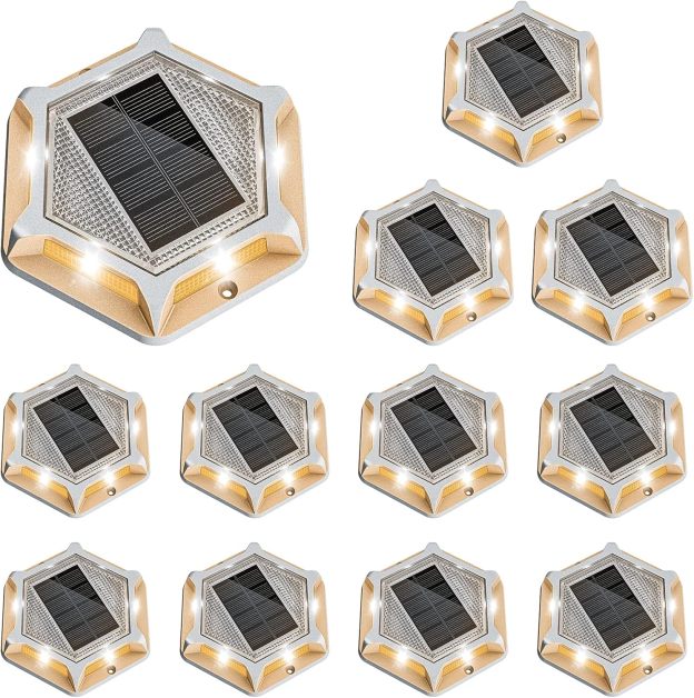 VOLISUN Solar Driveway Lights Dock Outdooor Waterproof Marker Lights,Solar Deck Lights 2 Colors in 1 Led Wireless IP67,Solar Blue Deck Lights for Driveway Sidewalk Pathway Yard(White/Blue)