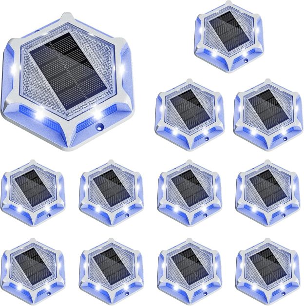 VOLISUN Solar Driveway Lights Dock Outdooor Waterproof Marker Lights,Solar Deck Lights 2 Colors in 1 Led Wireless IP67,Solar Blue Deck Lights for Driveway Sidewalk Pathway Yard(White/Blue)