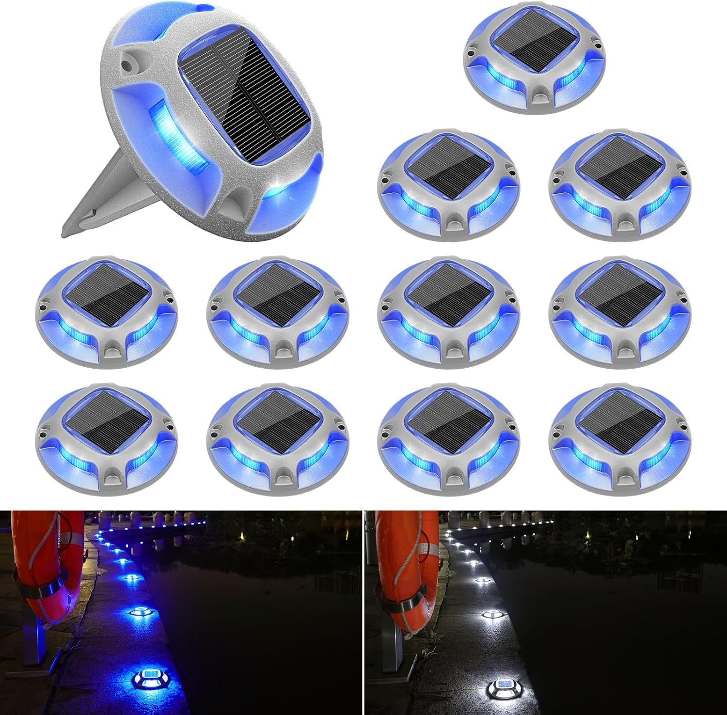 VOLISUN Solar Driveway Lights Dock Deck Lights,2 Colors in 1 Led IP67 Waterproof Outdoor Warning Step Lights for Driveway Sidewalk Pathway (White/Blue)