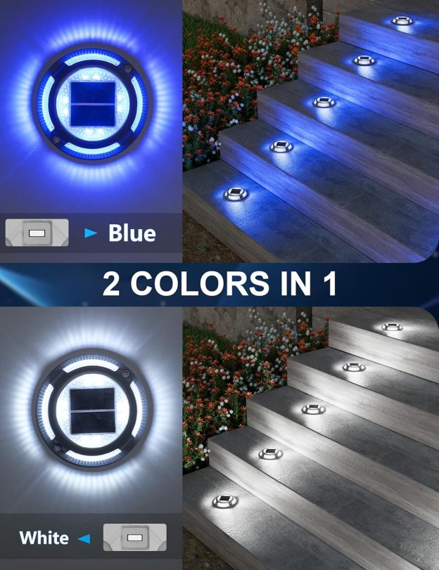 VOLISUN Solar Driveway & Deck Lights 8 Pack Waterproof Dock & Marine Ground Lights,2-in-1 Blue & White LED,Solar Marker for Pathways,Steps,and Warning Signs
