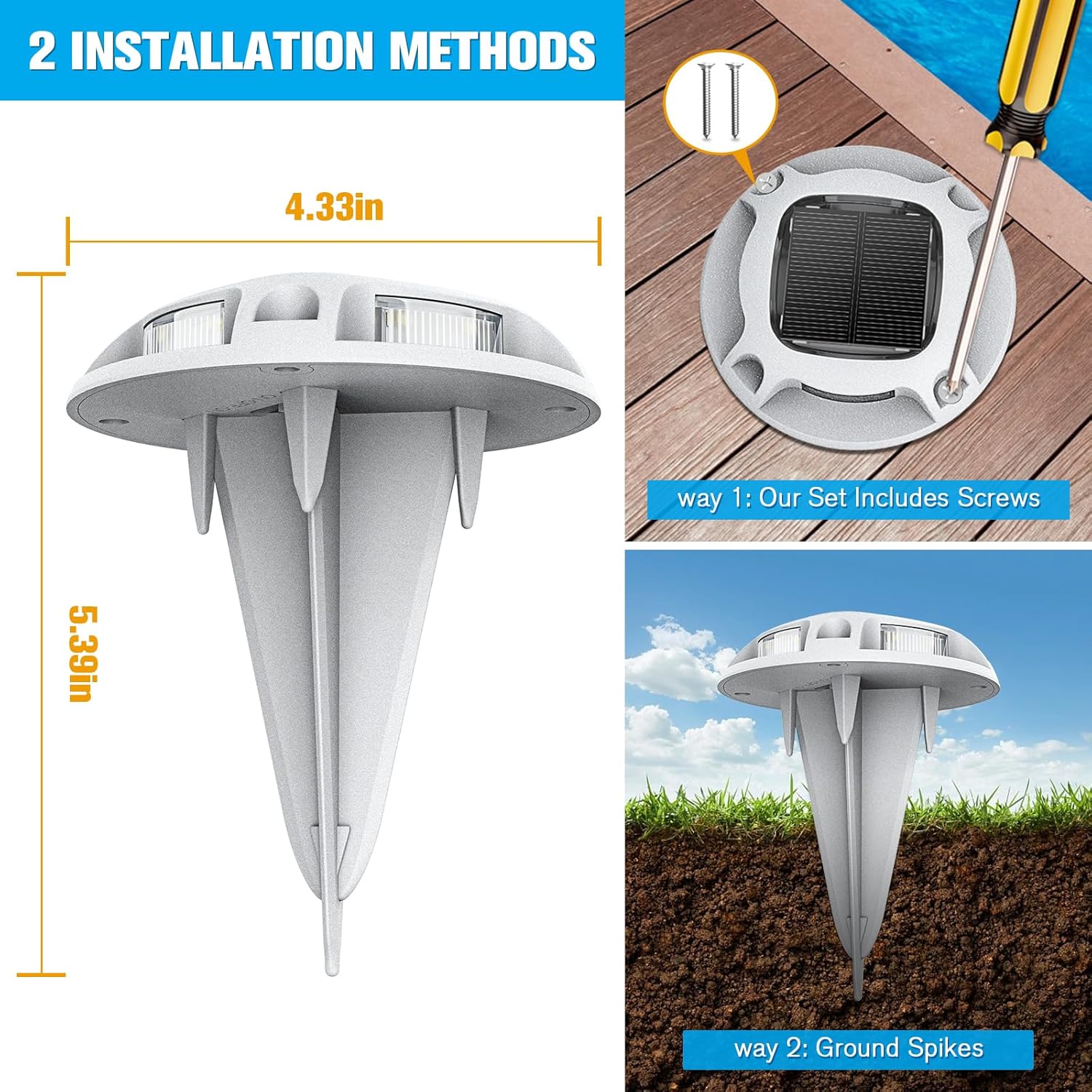 VOLISUN Solar Driveway Lights Dock Deck Lights,2 Colors in 1 Led IP67 Waterproof Outdoor Warning Step Lights for Driveway Sidewalk Pathway (White/Blue)