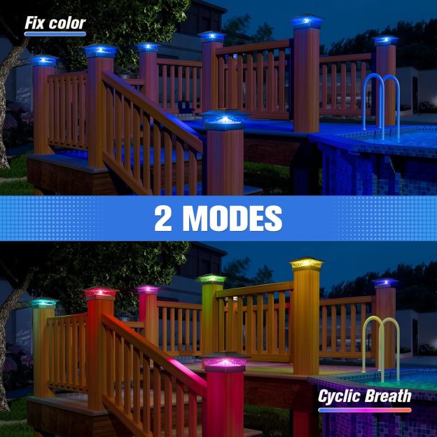 VOLISUN Solar Post Cap Light : RGB Color Changing - Fence Post Lights Solar Outdoor Waterproof for 4x4 x5 x6 WoodenVinyl Post