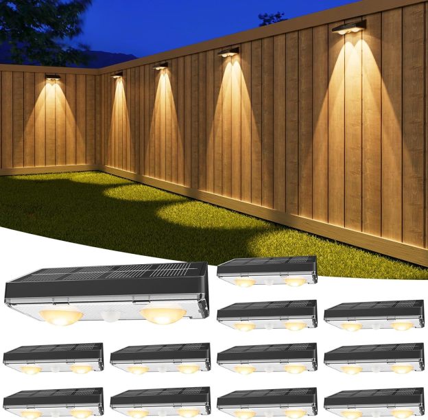 VOLISUN Solar Fence Lights,Solar Powered Fence Lights Outdoor with Warm White LED Spot Lens, IP65 Waterproof Fence Solar Lights Outdoor for Patio, Backyard, Railing, Deck
