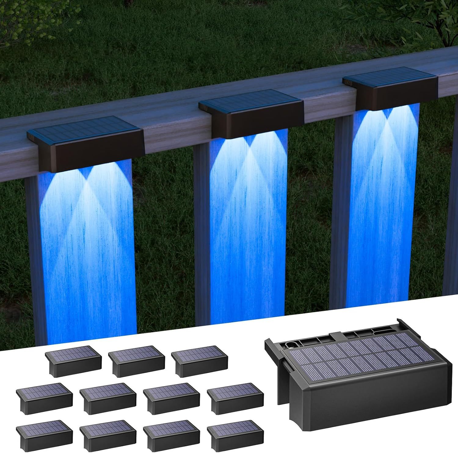 VOLISUN Solar Deck Lights, Warm White, Cool White and RGB Color Glow LED Large Size Lamp, IP65 Waterproof Solar Fence Lights Outdoor for Step, Patio, Fence, Railing, Wall, Stairs