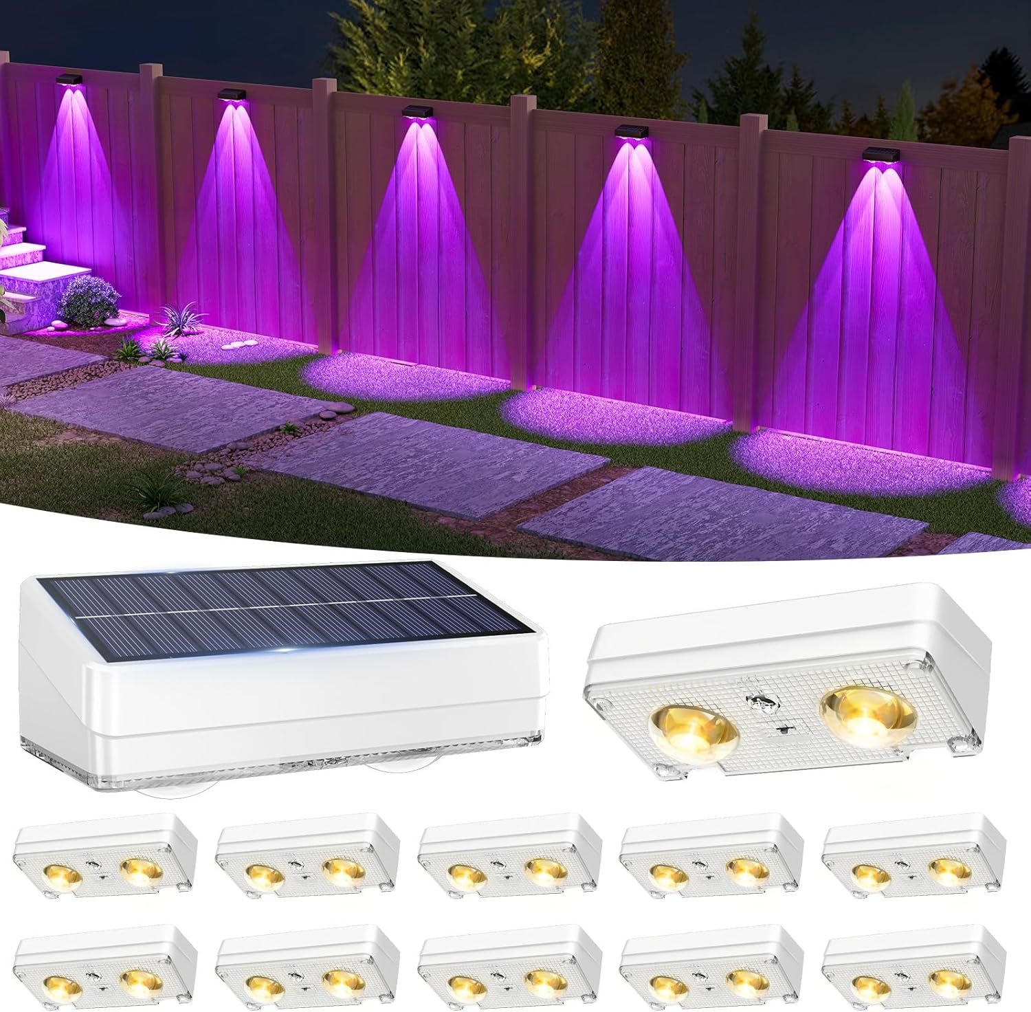 VOLISUN Solar Fence Lights 12 Pack, Warm White, Cool White and RGB Color Glow LED Solar Lights, IP65 Waterproof Fence Solar Lights Outdoor for Patio, Backyard, Railing, Deck, Fence and Wall（Black）